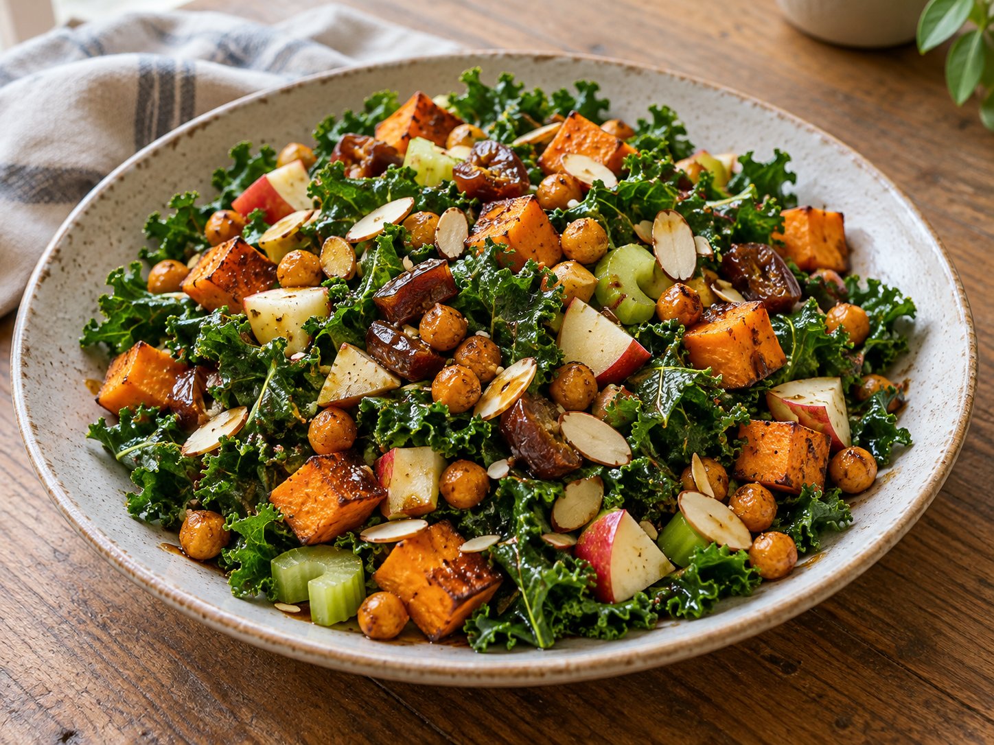 Salat mit gerösteten Kichererbsen, Grünkohl und Süßkartoffeln