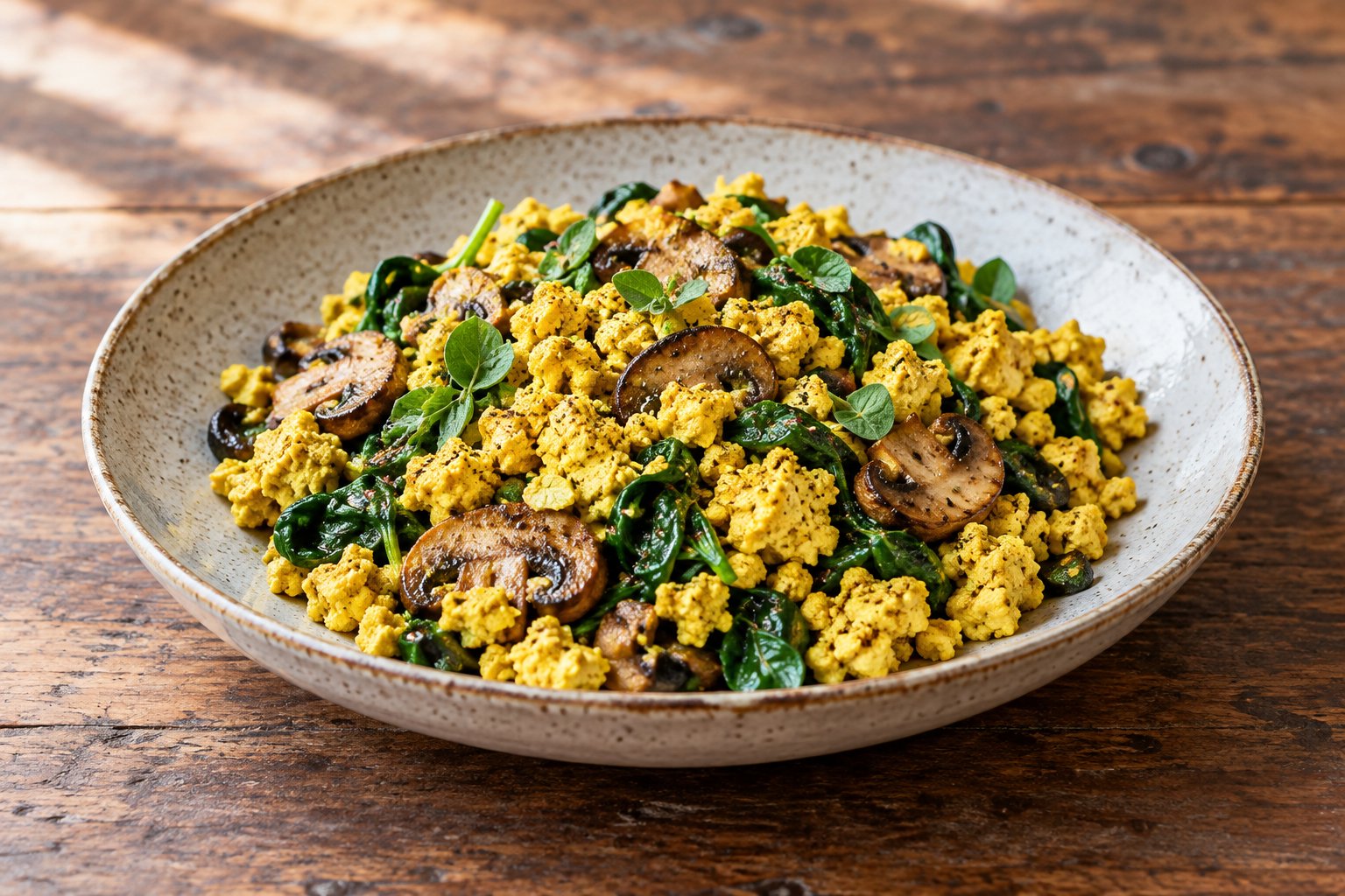 Tofu mexido com espinafres e cogumelos