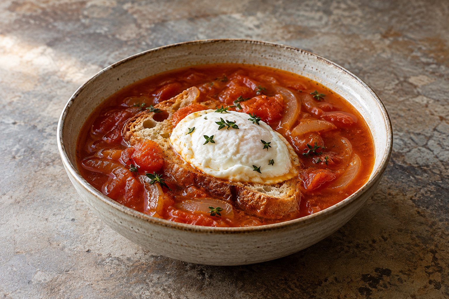Madeira-Tomaten-Zwiebelsuppe mit Ei
