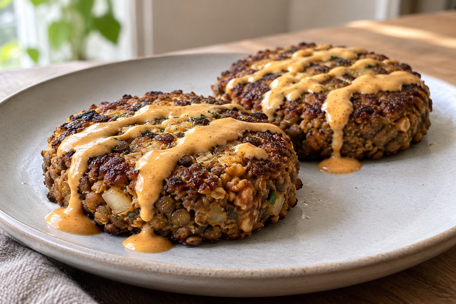 Linsen-Walnuss-Bratlinge mit Cashewsauce