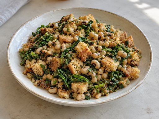 Migas mit Augenbohnen, Grünkohl und Brot