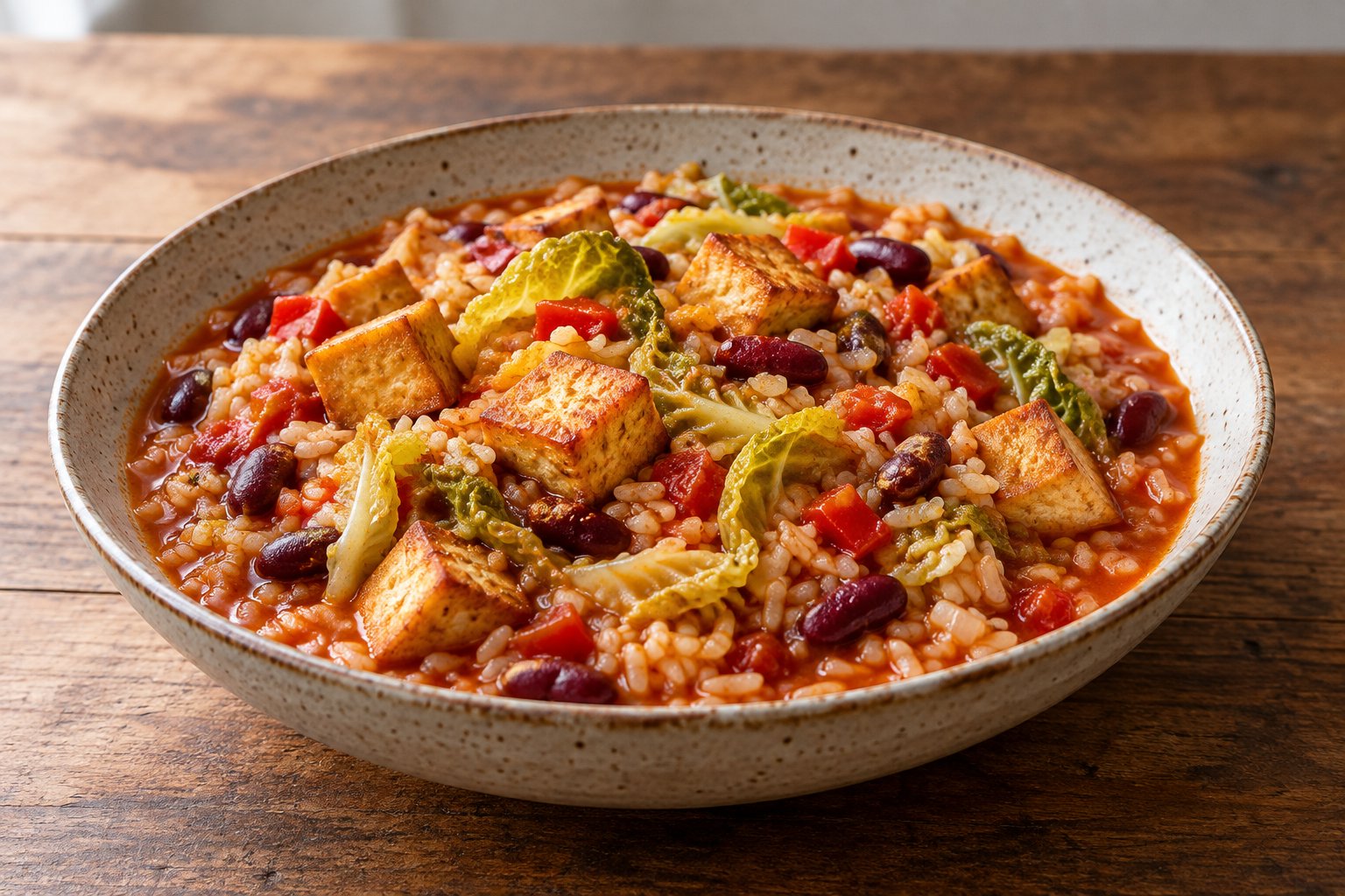 Tomatenreis mit Kidneybohnen, Kohl und Tofu