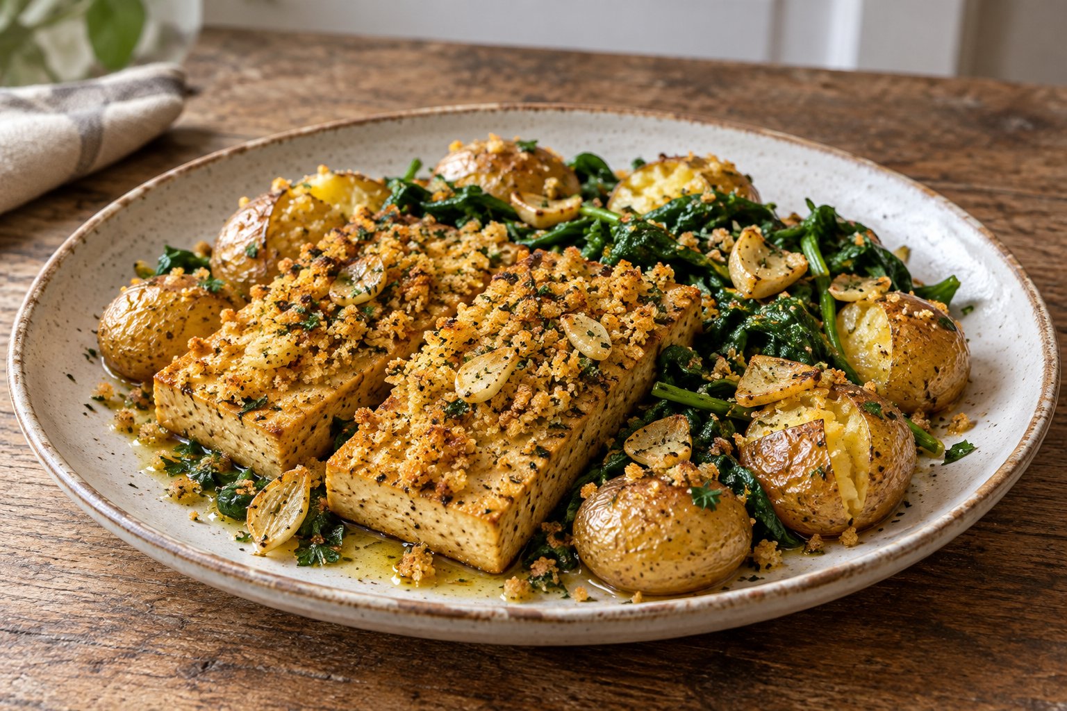 Portugiesischer Ofentofu mit Kartoffeln und Spinat
