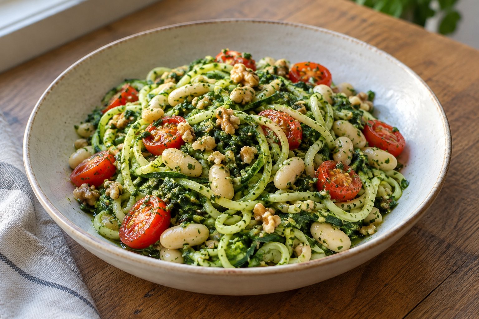Zucchininudeln mit Spinat-Walnuss-Pesto